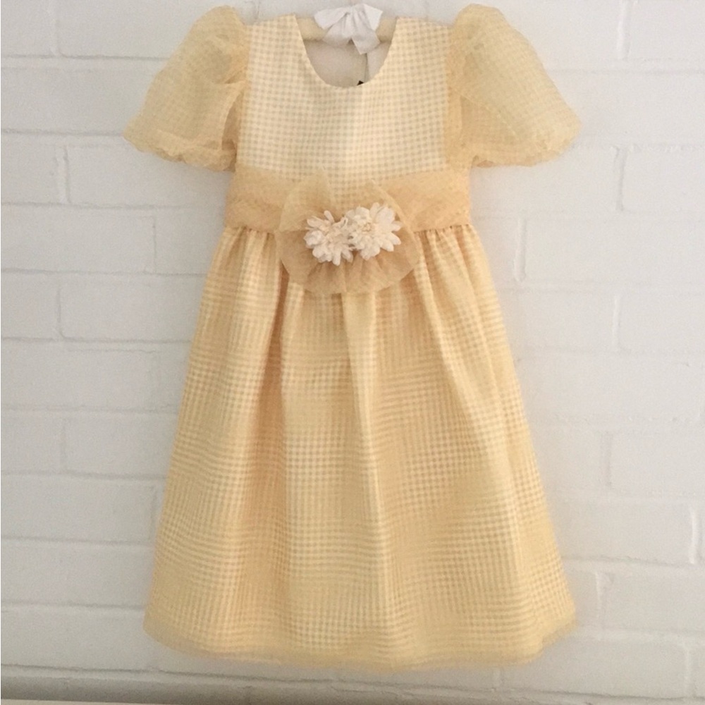 Girls Size 7-8 Classic Yellow/White Check Gingham Puff Sleeve Fancy Dress
